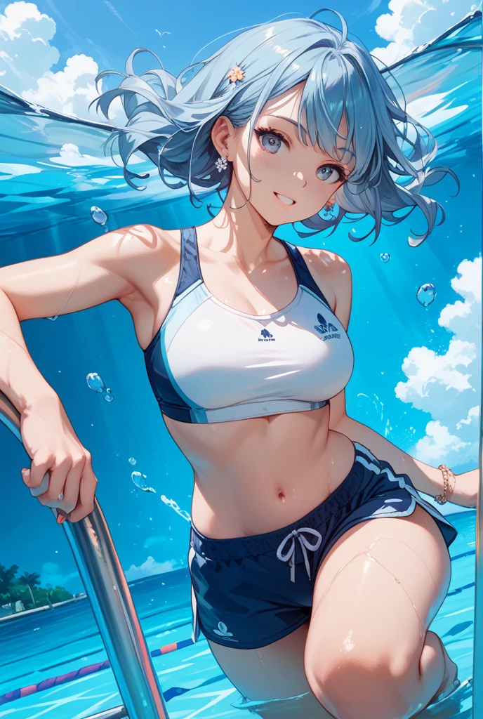 (top quality, masterpiece), 1 girl, 20 years old, stunning, sexy, mole, swimsuit, competition swimsuit, sneakers, pool, big, big breasts, thin areola, legs spread, crotch spread
