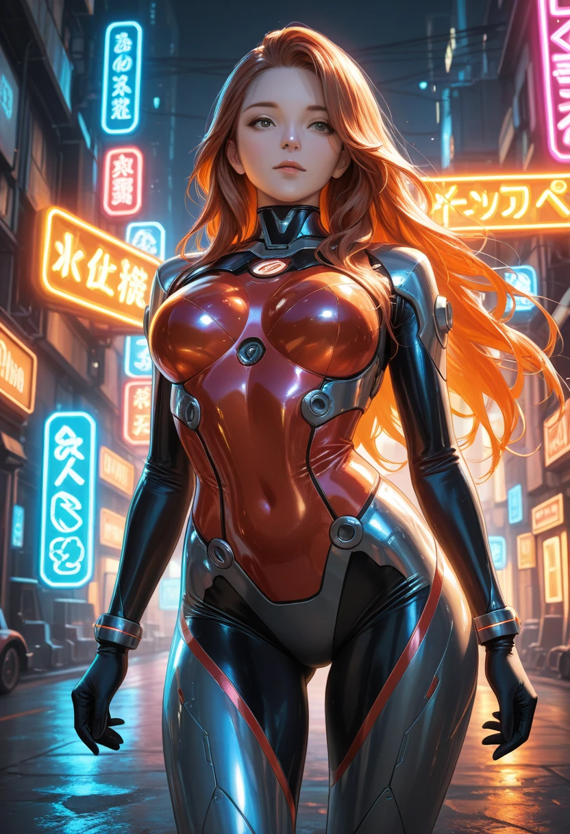 asuka langley, colorful neon lights, sharp focus, (best quality, 4k, highres, photorealistic:1.37), detailed facial features, fiery red hair, intense blue eyes, determined expression, red pilot uniform, futuristic cityscape background, vibrant colors, (hyperrealistic), (illustration), (high resolution), (8K), (extremely detailed), (best illustration), (beautiful detailed eyes), (best quality), (ultra-detailed), (masterpiece), (wallpaper), (anatomically correct), (solo), (1 girl), (high detailed realistic hair), (heterochromic eyes), (detailed eyes), (sparkling eyes), (realistic big breasts:1.5), (exposed nipples breasts:1.35), (long legs), (slender abs), (dynamic pose), (closed tiny mouth:1.3), (nsfw), (concentrated expression)