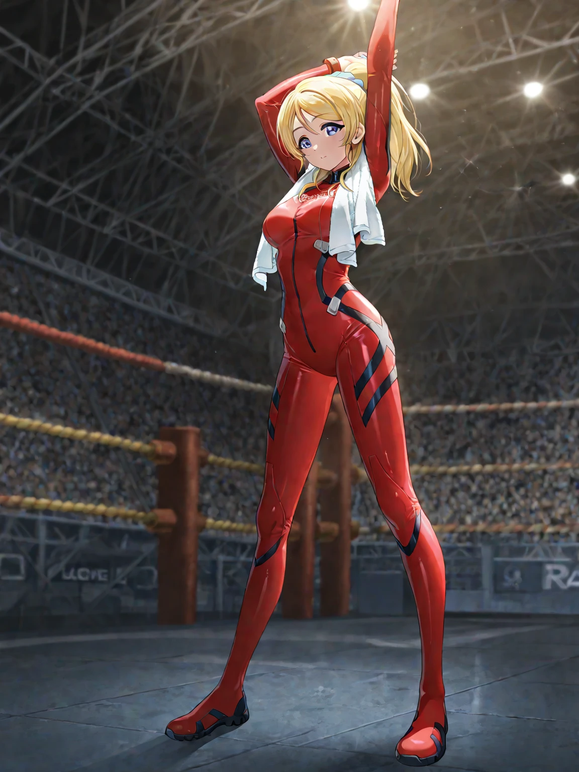 realisticlying、A 23-year-old girl、gymnast、Breasts enlarged、Long wavy blonde hair in red leotard、The face smiled、Gymnastics competition venue、sexly？