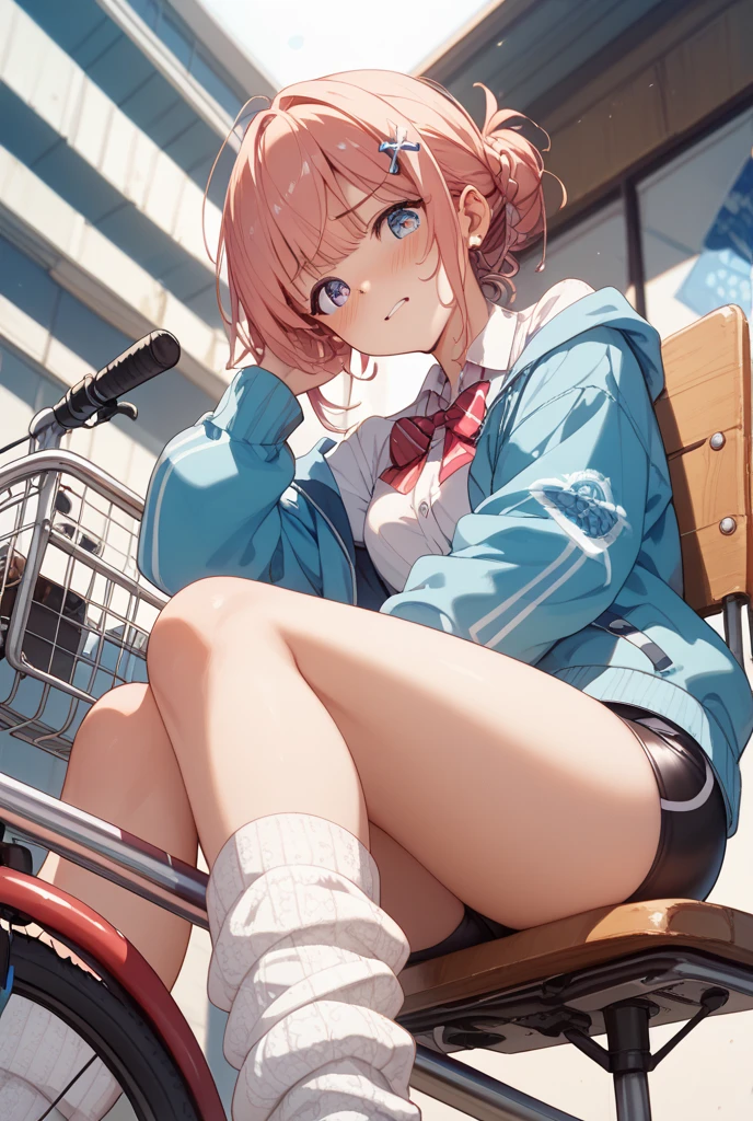 (1) A woman is rolling up her skirt by herself.
(2) Her pink panties are peeking out from her rolled up skirt..
(3) she has short black hair.
(4) She is wearing a white turtle knit and long boots.
(5) The place is an amusement park.