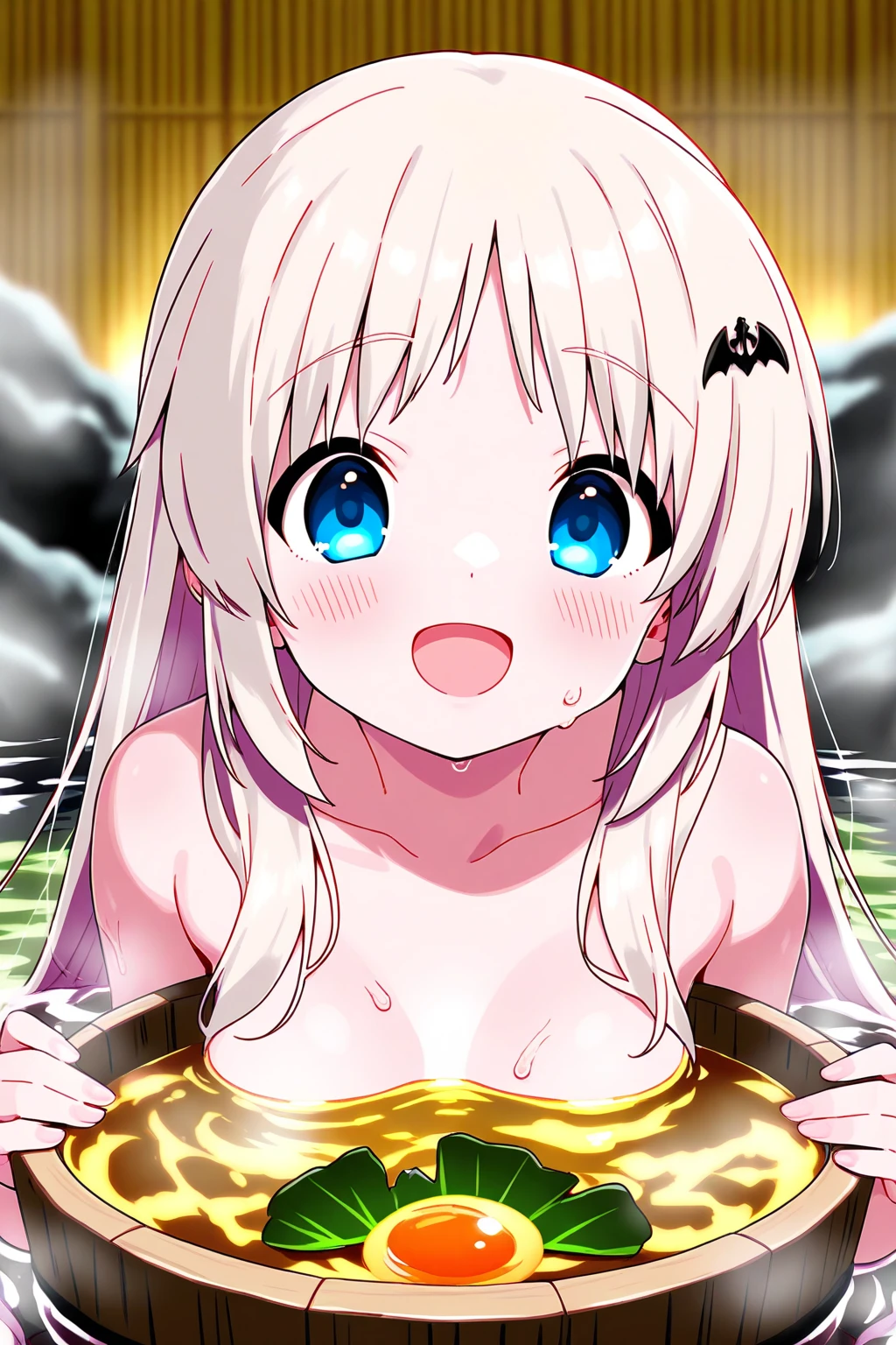 Outdoor,(night),Near hot springs,steam,Rika Jougasaki,Yellow and orange hair hoop, orgasm, blush,(naked),((Small breasts)),((1boy,ass pov,paizuri,breast squeeze,breast grab,breast in 1penis,)),View your viewers,Looking up,