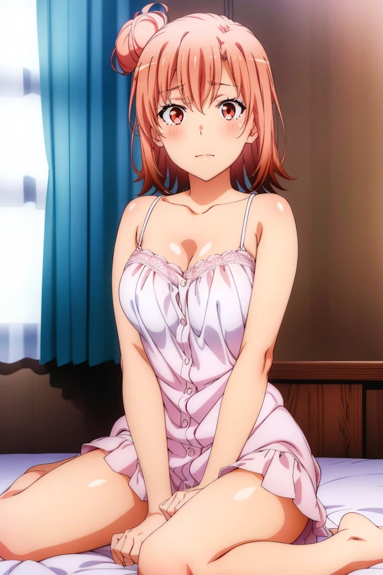 1girl in, Yuigahama Yui, , Short hair, Pink hair, large boob, 
(Best Quality, hight resolution, 4K, Detailed Lighting, 

Smile, blush, Open mouth, 
(White camisole:1.2),sweat, 
Night, Bedroom,
all-fours,
