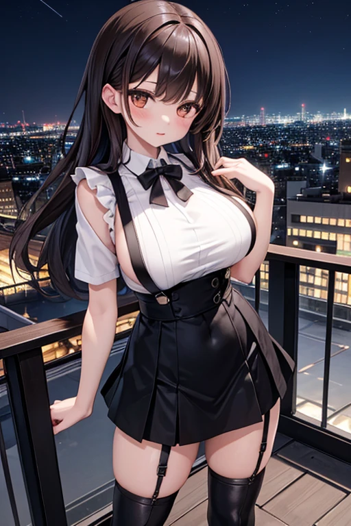 8k 、Film version、Theatrical anime style、Highest quality, masterpiece, Ultra-high resolution, Rouge (compensate), Fuller lips, Lips parted, Fluorescent lipstick, beautiful feet, Tall Woman, skinny, slim_feet, thigh_gap, model, masterpiece,Surreal,Huge breasts, Deep cleavage、Short skirt,Earrings,smile,Black Hair, High school girl uniform、jirai type girl、jirai type makeup, night:1.8、Paid dating、nightlife