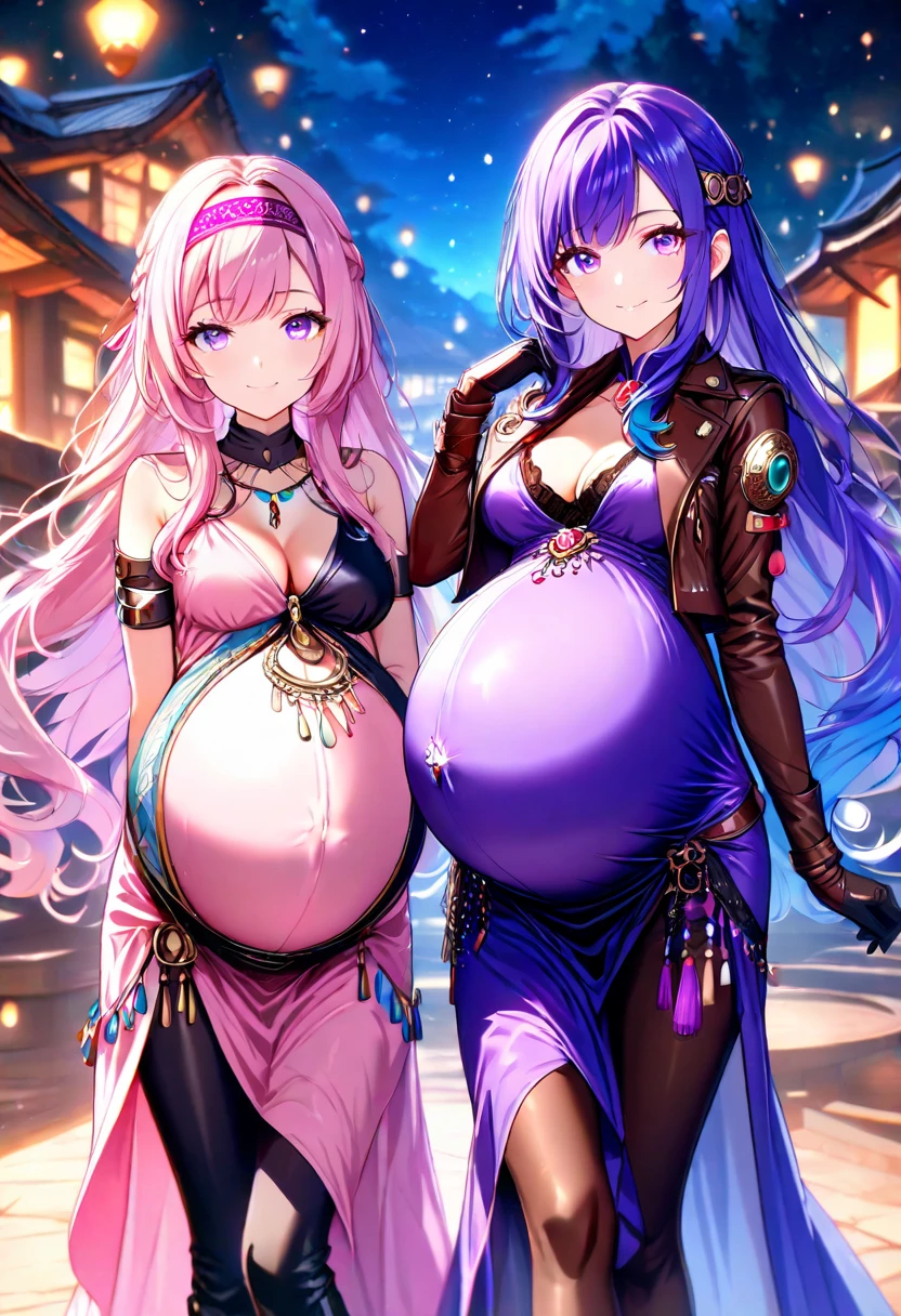 ((Medieval streets,2 girls,Twin sisters)),Silver Hair,Butterfly,White hair,8k wallpaper,Detailed background,Maximum resolution,Deep V,hair covering eyes,Drawstring,purple Rose,Tight Fit,moon,in stock,(pregnant,Huge breasts:1.8)