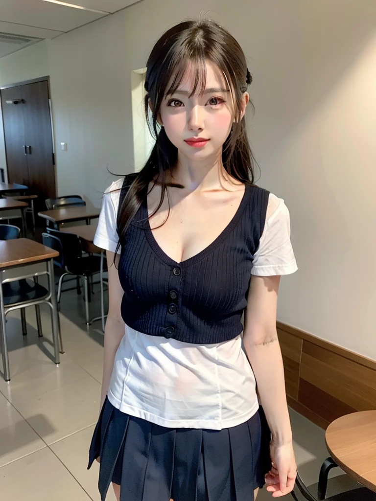 Photorealsitic,Realistic,Raw photo,masutepiece,Best Quality,hight resolution,Illustration,(Single photo),(Personal photos),
(arms behind back:1.5),
 (lawson uniform:1.5), 1girl in, Solo, employee uniform, uniform, Shirt, nametag, Short sleeves, striped shirt, Striped, vertical-striped shirt, Blue shirt, vertical stripes, alternate costume, ID Card,
delicate and pretty,Perfect face,Beautiful detailed eyes,Fair skin,Real Human Skin,Pore,(Huge_breasts:1.2),(cleavage:1.5),Narrow waist,((Skinny Legs)),(Looking at Viewer:1.3),