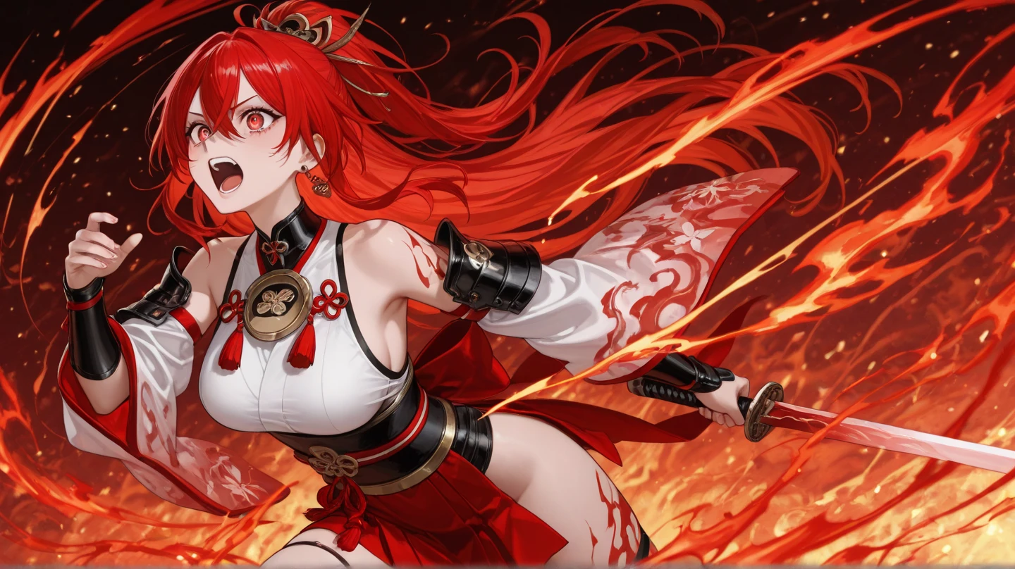 masterpiece, best quailty, ultra-detailed, 1girl, solo, large beasts, red hanfu, detailed pattern, bare shoulder, thighs, red hair, lip, fire,