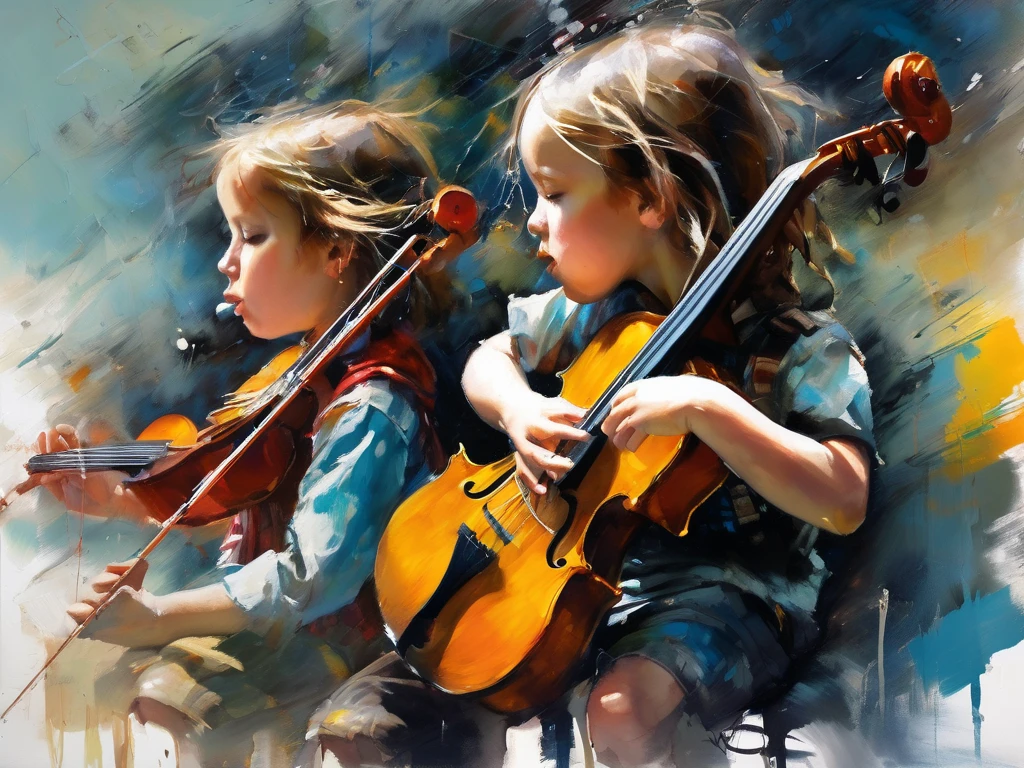 girls blonde children WITH STRAIGHT HAIR, RED BACKGROUND, Professional photo, full portrait, beautiful, sexy, 38age, standing, playing a violin. --auto --s2