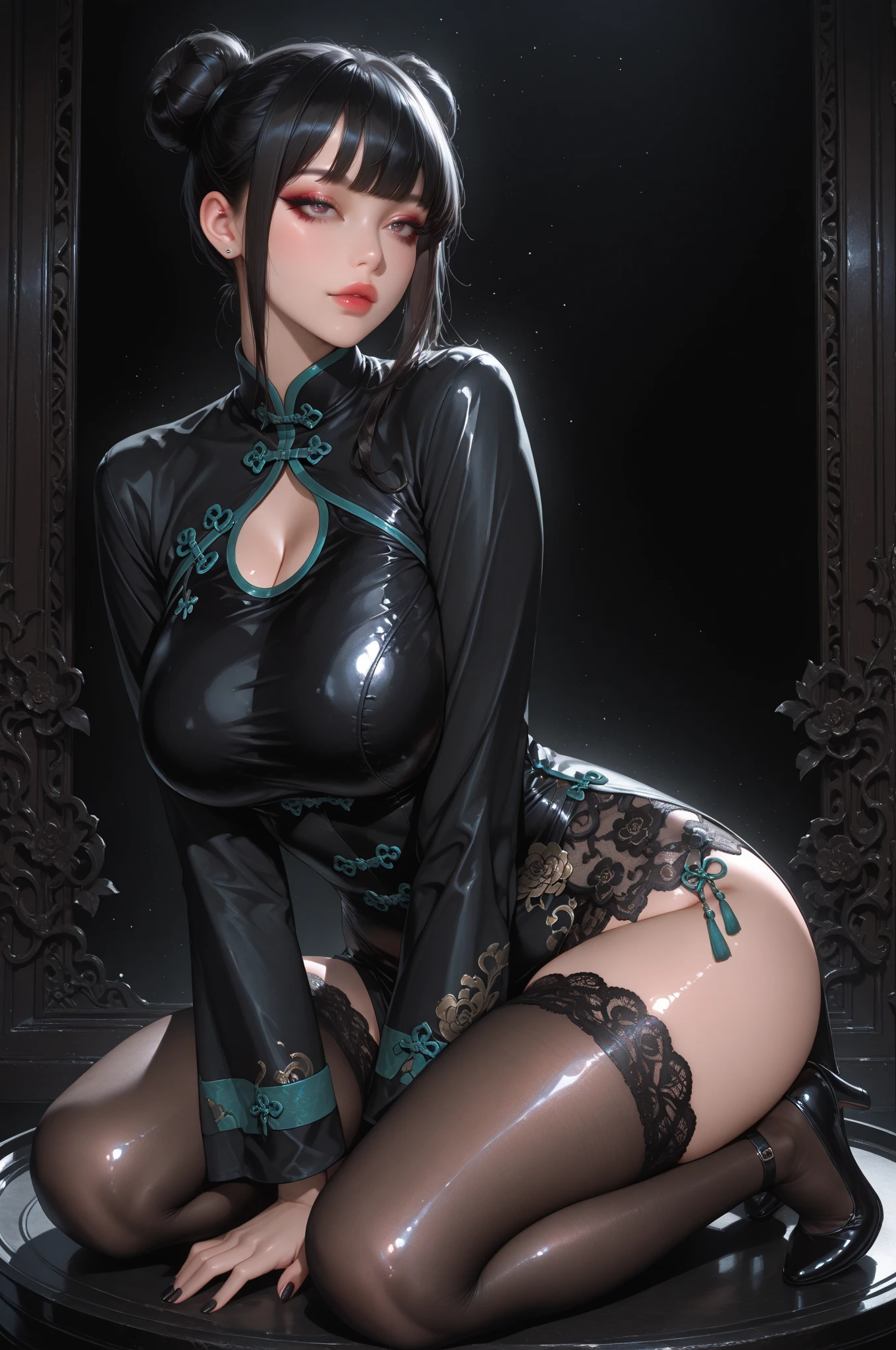 beautiful busty Asian elf woman tattoo sheer black micro dress goth makeup short bangs braided blonde hair white gold