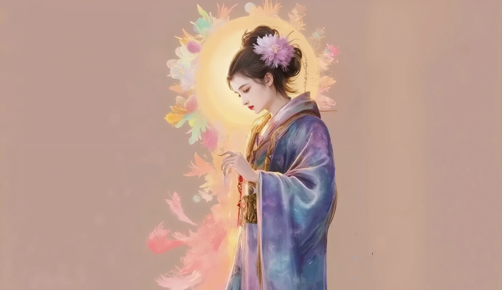 Many translucent, rainbow-colored feathers are swirling and dancing、Symbolic expression of wind、Woman in kimono reaching out with her face in the air、dark eyes、black hair、golden hour、 twinkle、fluffy、A refreshing atmosphere with an overall sense of transparency、Mysterious Fantasy、Surrealism、Highest Quality、high image quality、masterpiece:1.4、high precision、absurd