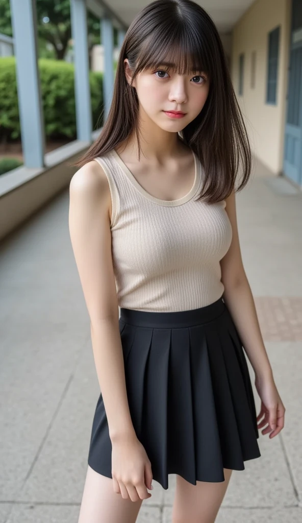Close-up, masterpiece, highest quality, Complete Anatomy、Raw photo, Photorealistic、(Cute Face:1.5)、(Very cute smile:1.6)、(Round face:1.9)、(She has a cute face like an idol、Double teeth:1.3)、(Superhero、Tokusatsu Pink、Pink Ranger:1.5), Depth of written boundary, High resolution, Ultra-detailed, In detail, Very detailed, Very detailed目と顔, Realistic students, Sharp focus, Cinema Lighting、19-year-old female、(One Woman、solo)、 (Black-haired)、short hair、Curly Hair、Straight Bangs、Very detailed8k壁紙、Checkered pleated skirt、Please show me your whole body、(Puffy Panties:1.2)、Light-colored cute panties、White Sox、(Panties visible from under the skirt、Lift up the hem of your skirt with both hands、show panties to camera、The panties are digging into the pubic area.、Stripes are visible)、standing、Angle from below、(太もものClose-up)、(Good balance、Large bust、Big breasts, small waist)、Depth of written boundary、Background blur、Nipples、Nipplesポチ
