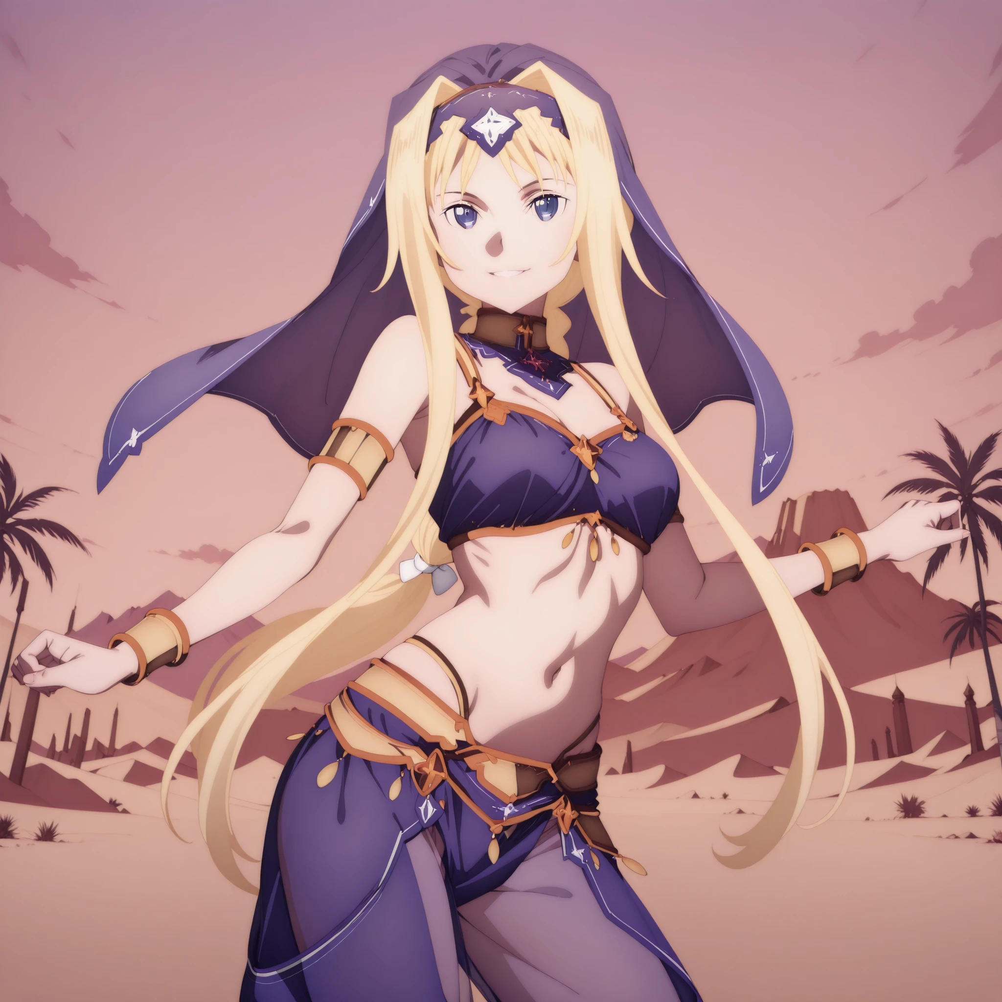 (1girl:1 . 5) , (Seul:1 . 5) , score_9 , score_8_haut , score_7_haut , source_anime , Official work , ultra-detailed , masterpiece , best quality , high res , beaux yeux , detailed eyes , detailed face , beautiful detailed eyes ,Sword Art Online Alicization,Alice Zuberg, Arabian Clothes , Arabian Dancer ,belly dancer costume , golden jewelery,harem outfit, harem skirt, harem pants, transparent pants, belly dancing, harem veil ,desert landscape,palm tree, seductive smile, dancing with veil, dynamic movement, seductive pose,sexy pose