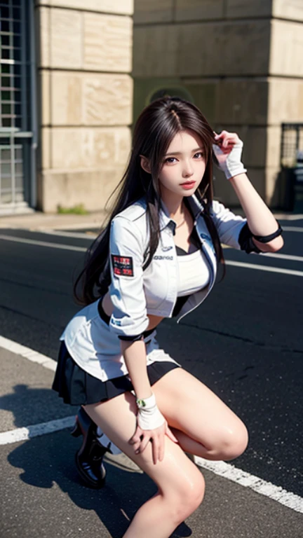 (8K, RAW photo, highest quality, table top:1.2), (realistic, Photoreal:1.37), Super high resolution, 1 girl, 18-year-old, (Idol:1.4), (famous actress :1.4), (beautiful and detailed face:1), bangs,Laughing with white teeth、 (cleavage)、 (multicolor floating hair), skin dents, light makeup, (beautiful big breasts:1.3), (glowing skin:1.1), shiny skin, long limbs, slim, saggy breasts:1.3, tight waist, medium hips, thin legs, slim thigh, dynamic lighting, a face that suggests something sexual, shiny texture, Lipstick, V-shaped eyebrows, V line chin, looking at the viewer, (long hair:1.3), (perfect face:1.4), ((strong wind)), flowing hair, audience, (smile:1.3), blue sky, (((Monte Carlo Street Circuit))), (((racing car))), (((racing bike))), ((promotion girl:1.3)), ((grid girl:1)), pink lip, light makeup, (Detailed promotional costumes are intricately worn:1.10), lace up boots, short sleeve, cropped tops, ((Short jacket:1)), (tube top bra:1), knee high, (((多くのロゴが付いたナイロンshort sleeveジャケット))), (Knee Length Glitter Nylon Pleated Skirt), ((Asymmetrical medium size nylon pleated skirt)), small ass,  ((promotional wear with logo)), (((Red and White Glitter Promotional Wear))), fingerless gloves, Navel View Style, black haired, brown hair, redhead, blue eyes, (drops of sweat:1), (dynamic angle), walk, leaning forward, audience,