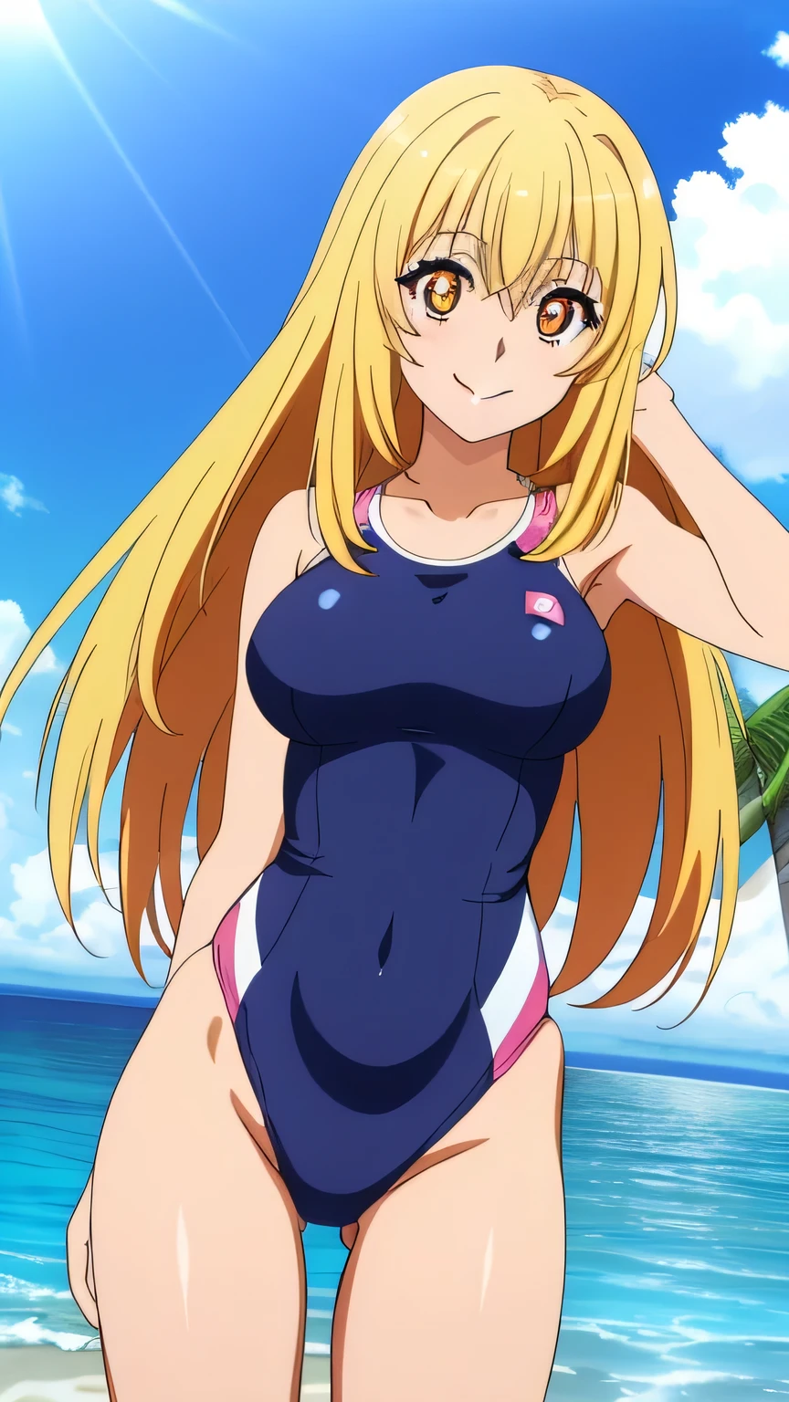 anime girl、beautiful girl、high school girl、clothing:High-cut swimwear、one piece swimsuit、girl wearing a swimsuit、one piece swimsuit着用、solo、very long blonde girl、Swimsuit、Green-eyed girl、big breasts、girl with very big breasts、rating:safe、jewelry、blue sky、outdoor pool、looking_at_viewer、girl with half up hair、cowboy shot、Girl wearing a white and yellow tank suit、白とイエローのHigh legレーシングスイムウェア、covered_navel、covered_nipples、Swimsuit for swimming competitions、thigh gap、High legレーシングスイムウェア、白と黄色のHigh legレーシングスイムスーツ、High leg、bangs、a girl is standing、collarbone、Bare shoulders、bare legs、bare arms、The best girls in anime、Gweiz style artwork、detailed digital anime art、perfectly shaded body、Realistic anime 3D style、美しい魅力的なanime girl、realistic anime art style、realistic shaded perfect body、