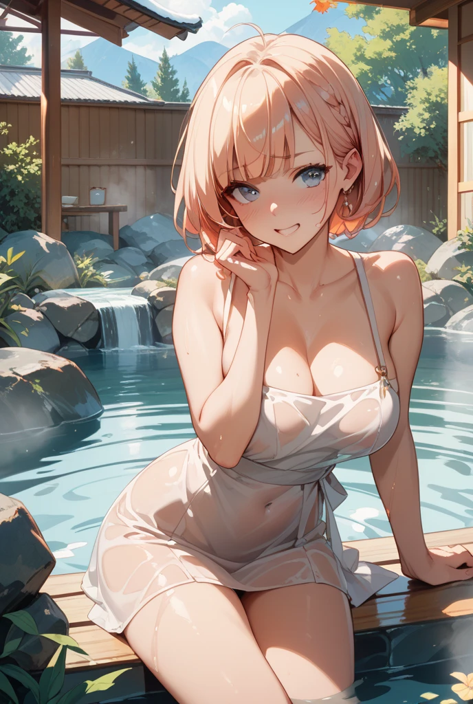 (masterpiece:2.0), (highest quality:2.0), (Leaning forward naked in a hot spring:1.5), (super sexy pose:1.5), (look up from below:1.5), (perfectly exposed shoulders:1.5), (perfectly exposed nape:1.5), (blushing face:1.5), (cover your crotch with your hands:1.5), (cover your chest with your hands:1.5), (spilling breasts:1.5), (realistic:1.5), 1 little girl, very cute girl, precision small hands, You look embarrassed when you look at me, light smile, innocent face, young face, clear eyes, shining eyes, small breasts, I can see the side boob, I can see your shoulders, I can see the cleavage, no pubic hair, dynamic posing, beautiful skin, Super fine, highest resolution, Japanese high school student, golden hair