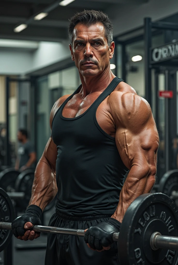 A ((powerful bodybuilder, as bodybuilder Lee Labrada)), ((aged 55 years old)), ((exaggerated muscular thick body physique and pumpes veins)) clad in (ripped shorts denim outfit) exuding confidence as he strikes a astonishing standing pose. ((His body is really trully oustrageous muscled)). His remarkable physique add to his commanding presence. ((Captured in stunning 4K detail)), this scene showcases his awe-inspiring physique with precision and dynamism, emphasizing the highlighting and shadows, vitality, and energy of his physique.