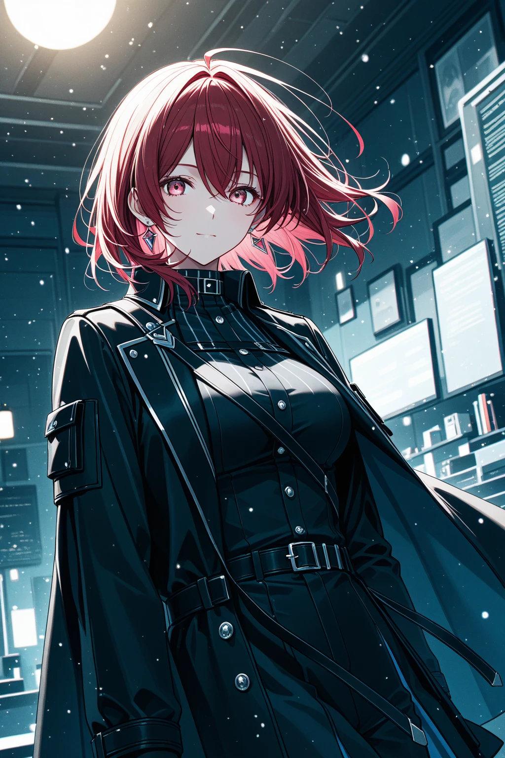 a girl, red eyes, so short red hair not have bangs, noble, mafia. sadistic women, wavy hair. wear black purple winter jacket. strong woman. vampire. smiling arrogant. wavy short hair. sadistic, vampire eyes. burn. sadistic vampire in the night. 