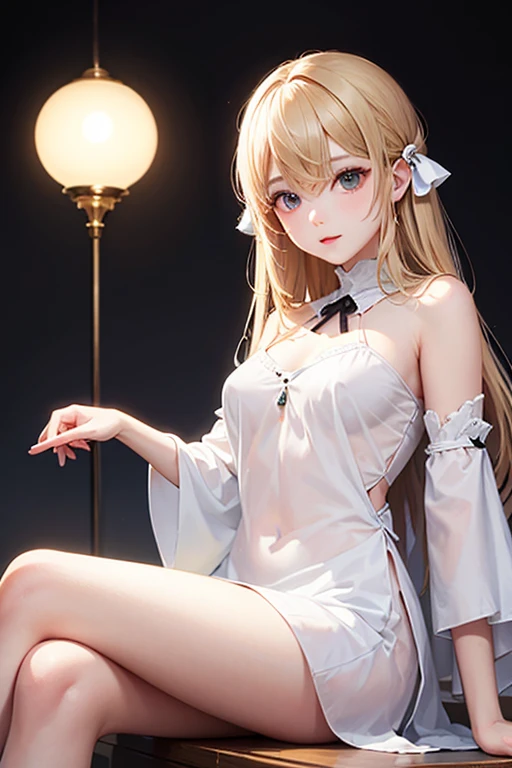 Pure white shirt,Blonde long hair,Small Bust,Cleavage,mini skirt,White panties
