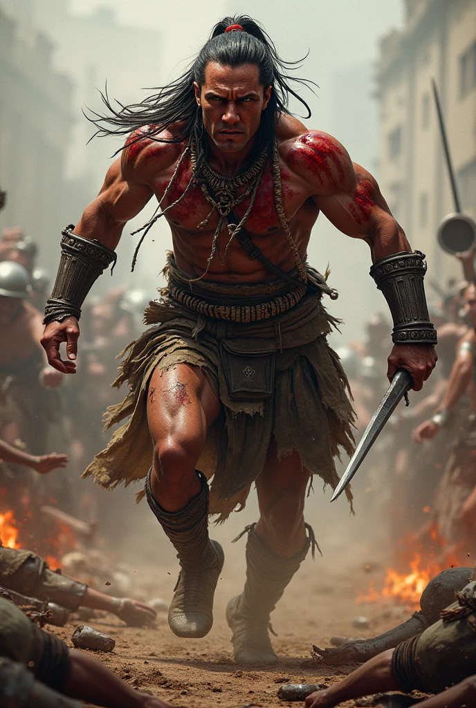 A ancient warrior of Indian discent wearing a face mask, after winning a war coming out with multiple wounds on him with blood pouring out of his body and blood pouring out with guns and swords on his back with sun setting background 
He is the only one left in the battlefield of kurukshetra and has many Dead bodies in the background 