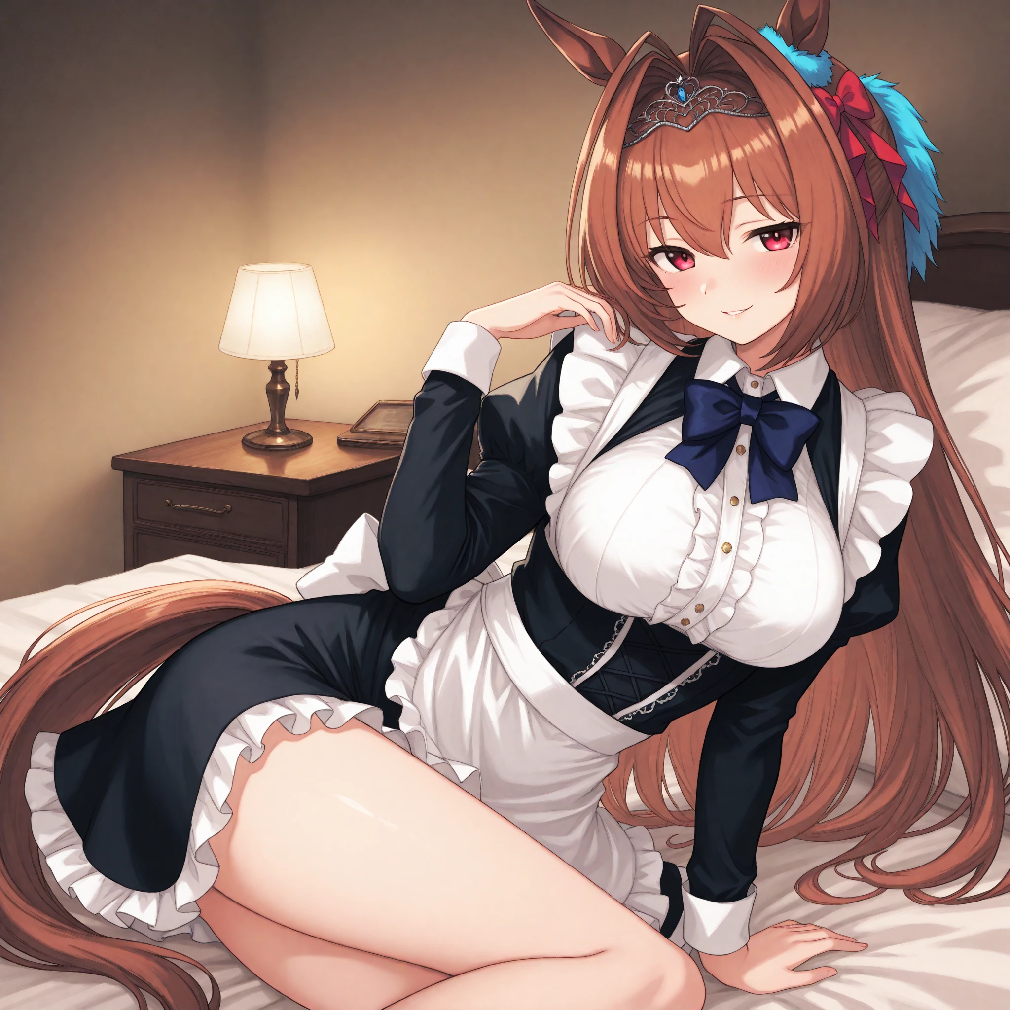 pantyhose, female, brown hair, brown eyes, wolf ears, wolf tail, maid's dress, big breasts, big thighs, short skirt