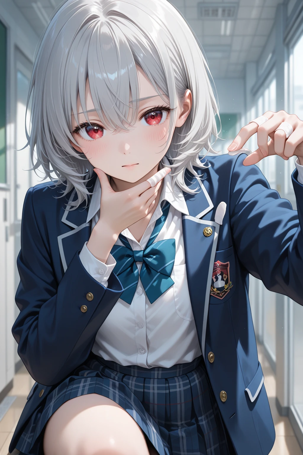 An anime girl outside the classroom door, her hands spread, her mouth open, and blood stains