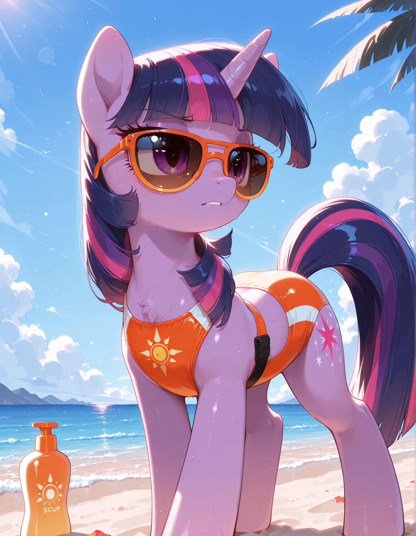 My little pony, anthro, white body, purple eyes, space hair pattern, space pattern bikini, beach, big breasts, wet body, shy pose