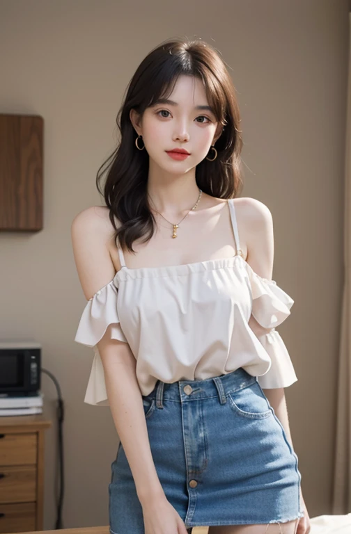 A superb exquisite real beautiful girl, golden long curly hair, extremely exquisite facial features, peerless beautiful girl, collarbone off-the-shoulder, white crop top shirt, black JK skirt, exposed legs, sweet smile, soft, dreamy quality, light white and dark brown, exaggerated facial features, solid color, frank off-white, surreal, blue gemstone necklace, ultra-clear, beautiful young girl, cute and lively, super short leggings, background at the bar counter