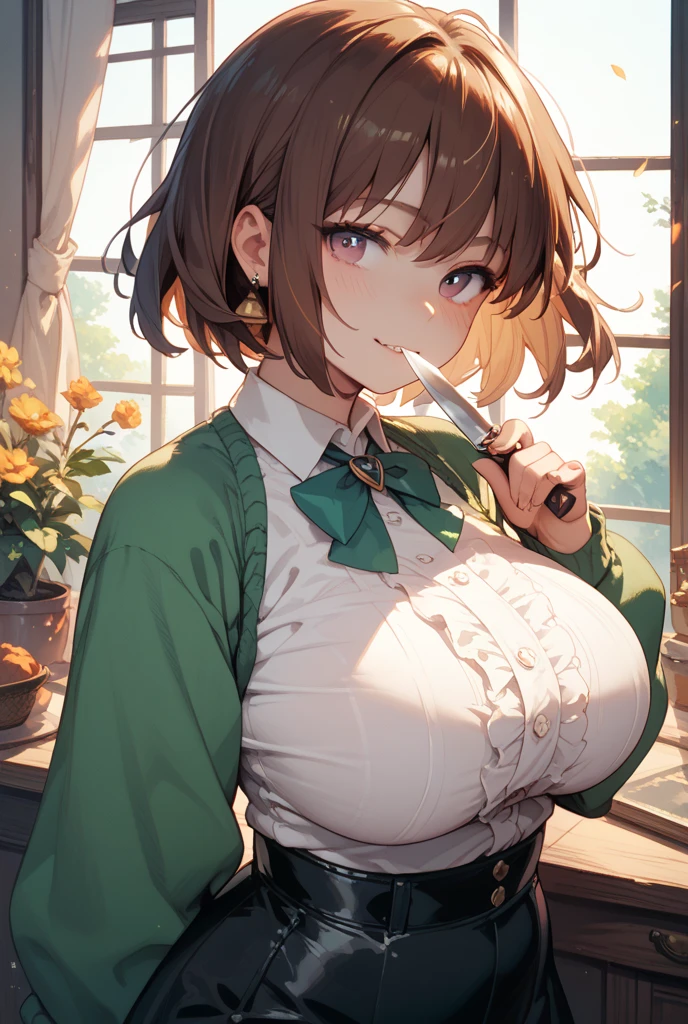 A girl with short fluffy light brown hair, dark green eyes, big breasts, pretty clothes and little uncovered