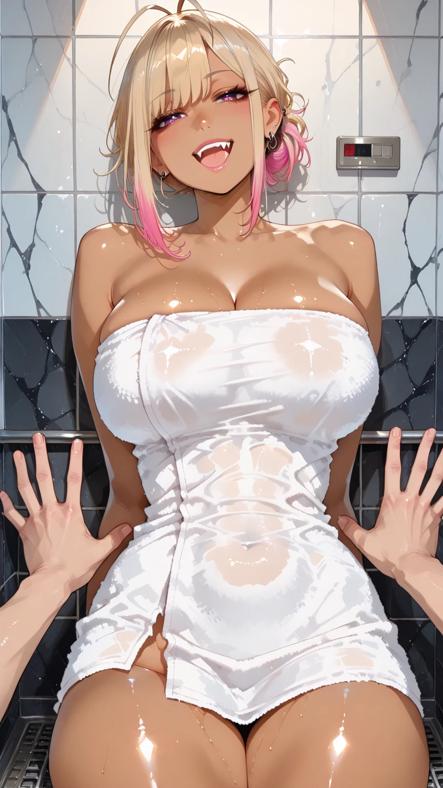 (((2 girls with toned bodies taking a shower together in the bathroom))) one girl very aggressive and catching the other girl hugging her from behind putting her hands on the girl's breasts