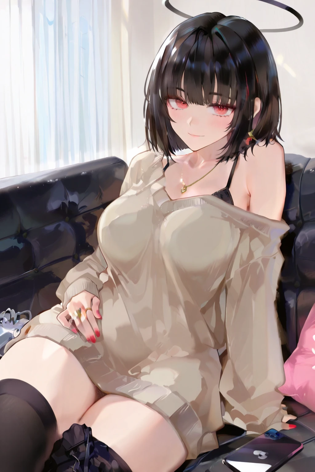 8K, highest quality, masterpiece, super detailed、black hair、medium hair、big breasts、pale black eyes、full lips、nsfw, (spread pussy:1.3)、Sitting with Knees Up on sofa at living, spread legs、lower body nude、wet look、nsfw, (breast squeeze:1.3)、touch genitals、masturbating