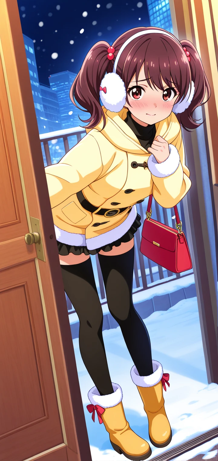 Masterpiece, best quality,Kousaka honoka, facing viewer, looking at viewer ,night, train station, very tight bodysuit, short hair, hair ornament, standing , Blushing, scarf ,cowboy shot, snow , warm smile 
