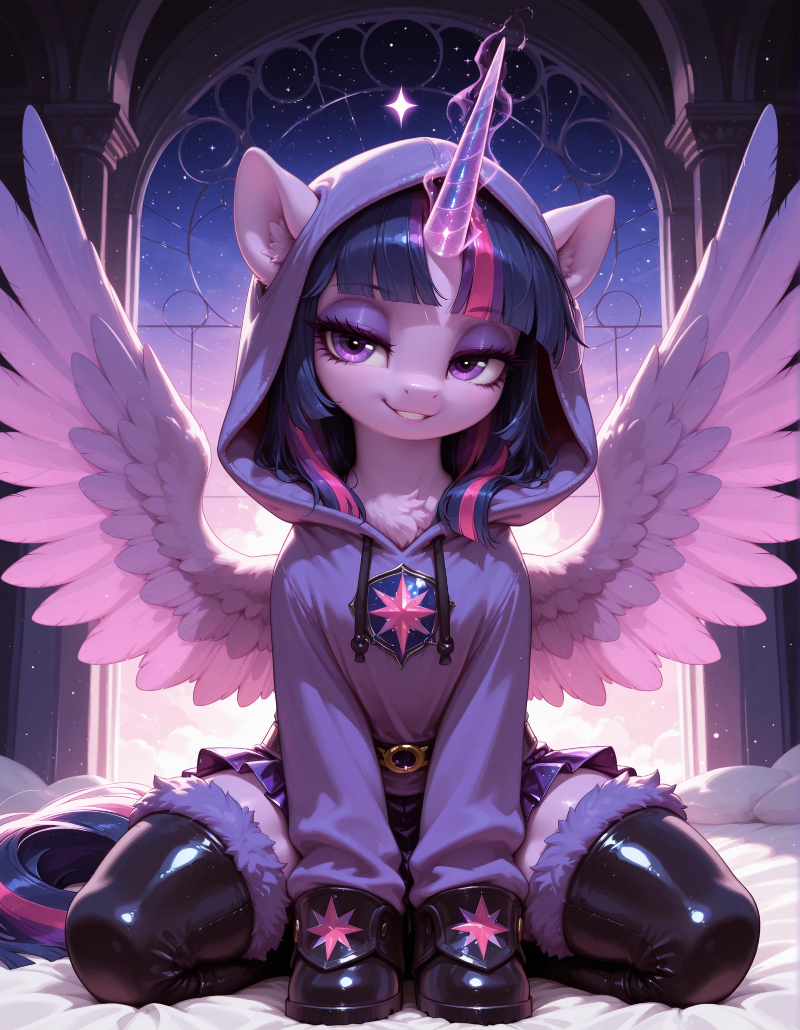 solo, masterpiece, best quality, amazing quality, very aesthetic, absurdres, newest,
1girl, feral pony, twilight sparkle (mlp), quadruped, purple eyeshadow eyelashes, lidded eyes, (mlp), ((hoofboots goddess, purple clothes, fur stockings)), purple eyes, my little pony, friendship is magic, portrait, front view, purples hooves, Feral, seductive smile wings spread out looking back at viewer magic horn hoodie skirt