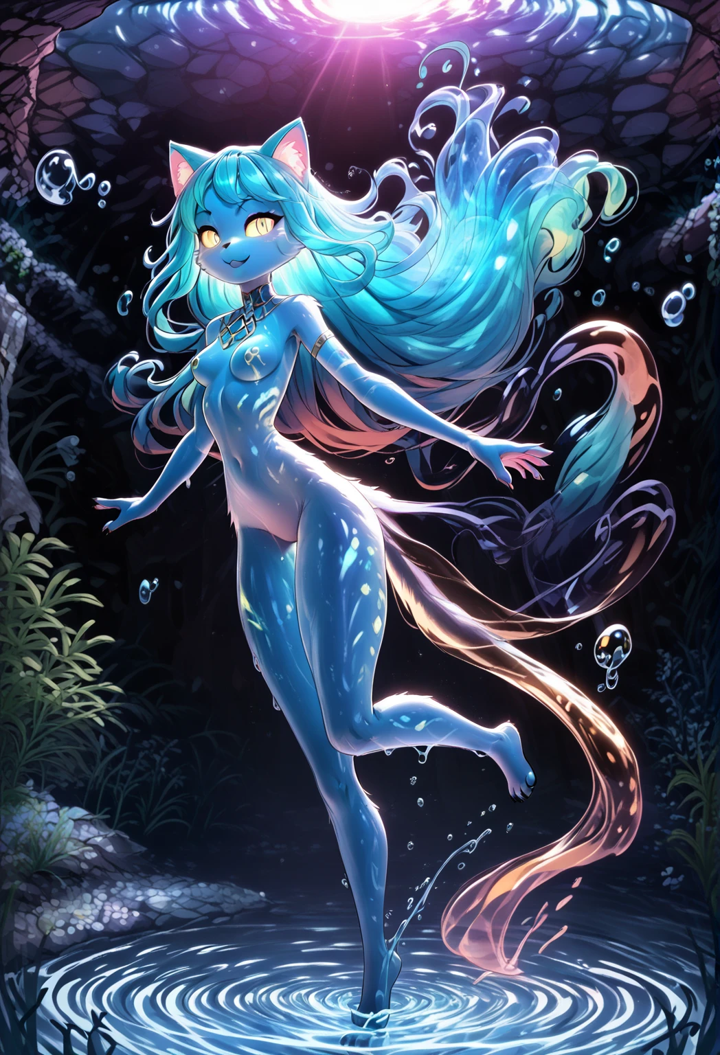 1. Slug Girl, transparent skin, translucent body, Foxtail, the pose is standing backwards, blue body. with a beautiful face, HDR, Excellent quality, ssmile, woods