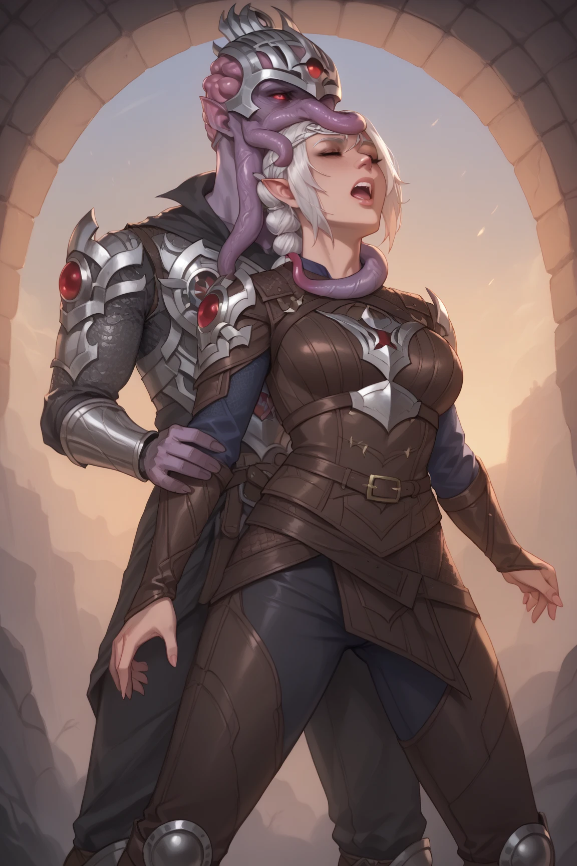 (A defeated female knight and several lizardmen)、Black body、White belly、Toned body、Two white horns、ruins、cool、Broken Armor、Sword stuck in the ground、((On all fours、((((Being fucked from behind、))))、A lot of semen、Intense 、))、((Fertilized))