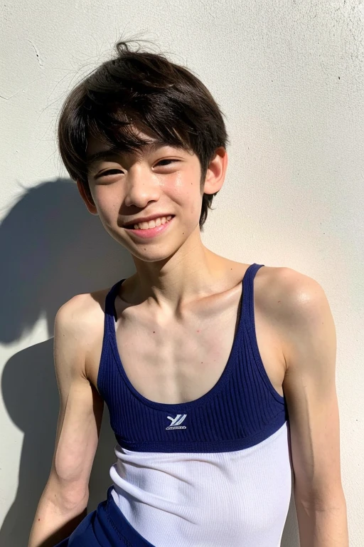 Japanese men、13 years old、Short but well-trained muscles and smooth skin、Sporty short hair、A friendly, wide open-mouthed healthy smile、A pose that gives a childish impression、Thin swimwear such as thongs、Bathroom、Sitting with legs apart