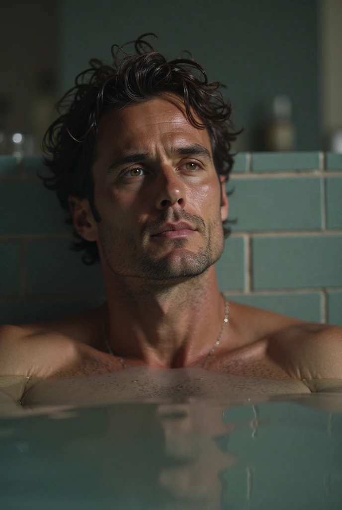 1man, male actor, brown hair, tanned skin, playboy, 45yo, mixed with American And Japanese, cute ikemen, beautiful detailed eyes, medium-short hair, center parted bangs, large eyes, brown eyebrow, chiseled face, super detailed skin, smart jaw, black eyes, super detailed nipples, nipples tweak, ugly skin, BREAK onsen, solo, nude, fullbody, underbody in onsen, sweaty, from side, wideshot, sitting, looking above, peeping photo, soft smile, lean back, spread arms, heavy white steam, perspired, heavy humid, sexy posing, dramatic expression, dutch angle, cinematic shadows, cinematic lighting, lens flare, light leaks, 8k, sharp focus, extreme all detailed