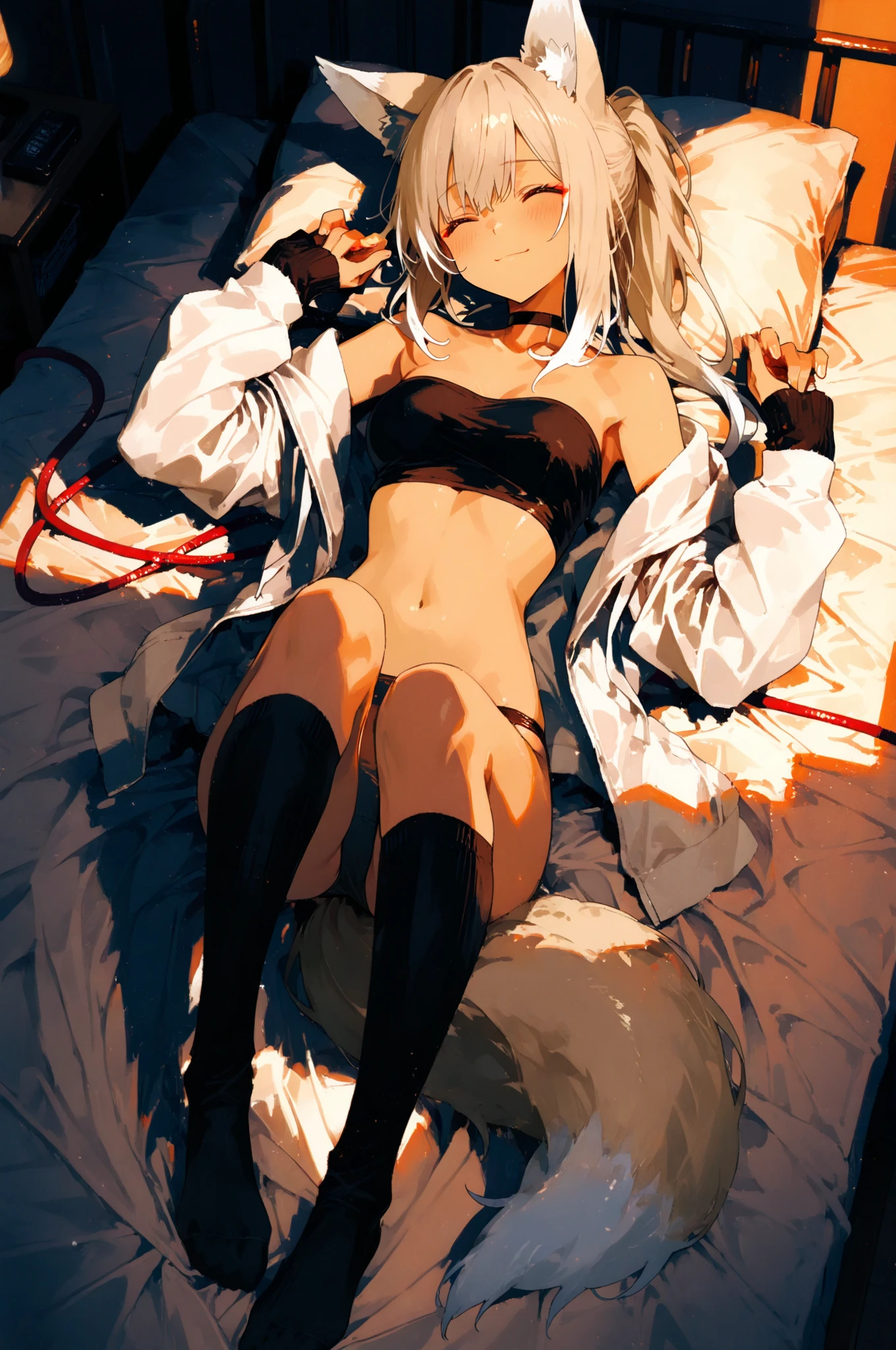 White haired girl, black crop top bikini, laying in bed