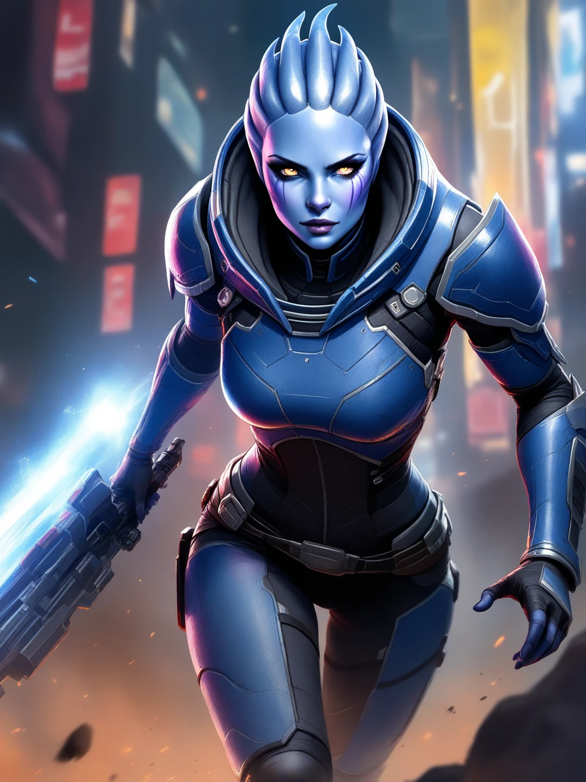 absurdres, 1girl, asari, fighting a robot, close up, fighter, sci-fi armor, sci-fi, looking into the camera, (anime), balcony, neon lights, cyberpunk city, masterpiece
