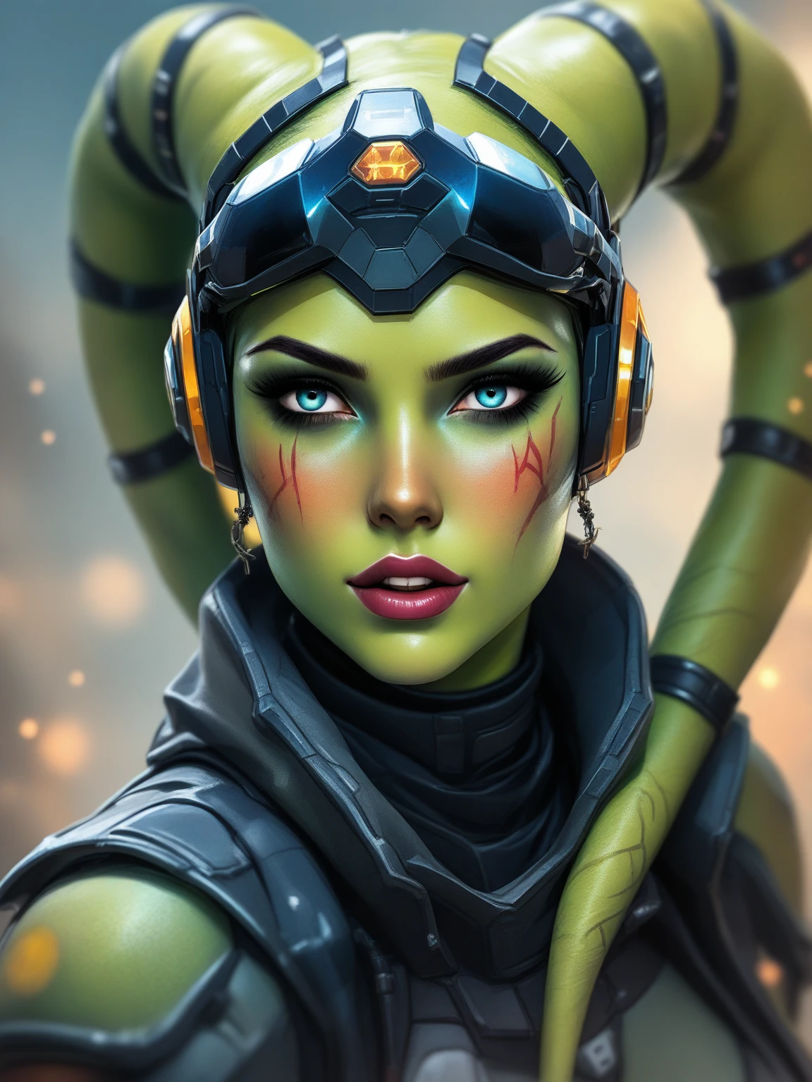A sexy (star wars Twi'lek:1.2), (hera syndulla), (two head tails), (star wars), (huge natural boobs), cleavage, realistic green skin, sexy, perfect, realistic, perfect anatomy, 8k, (best quality), (masterpiece), wearing rebel fight pilot clothes, close up, beautiful, gorgeous