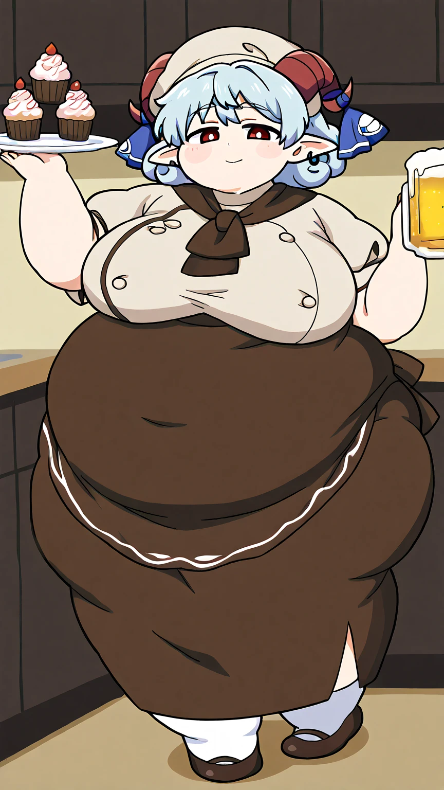 (Morbidly obese:1,1)1girl, solo(masterpiece, best quality:1.4), illustration, 8k, hd, 1girl, solo, short_messy_hair, red_hair, dress, white_thighhighs, no underwear, short_sleeves, frills, apron, brown_eyes, cleavage, metal_collar, anchor_choker, maid, white maid, ((big breast, angry, delinquent, bully, piercing, smirk)), (restaurant, maid cafe) Round face, double chin, fat chin, fat cheeks, fat neck, round face, SSBBW, flabby arms, round face, double chin, fat double chin, big double chin, fat neck, chubby cheeks, fat thighs, fat calves, morbidly obese, flabby , giant , large belly, obese, fat face, belly, double chin, obesity, flabby breasts, fat arms and legs, fat everything,