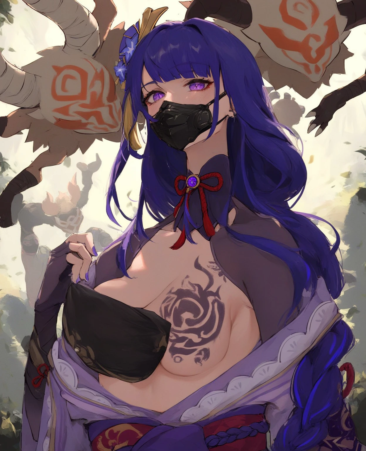asterpiece,Best quality,Extremely detailed Cg Unity 8K wallpaper, Masterpiece, Best quality, CG, Light ,detail processing,gradient red eyes,Black long hair,Strangled,Wife-like,Huge breasts(122-P cup), Dancer,Intimacy,Beautiful buttocks,arm ring, bangle, navel ring, Transparent sarong,QoS tattoo,fox ear,light yarn+mouth mask,Earrings,necklace,armlets