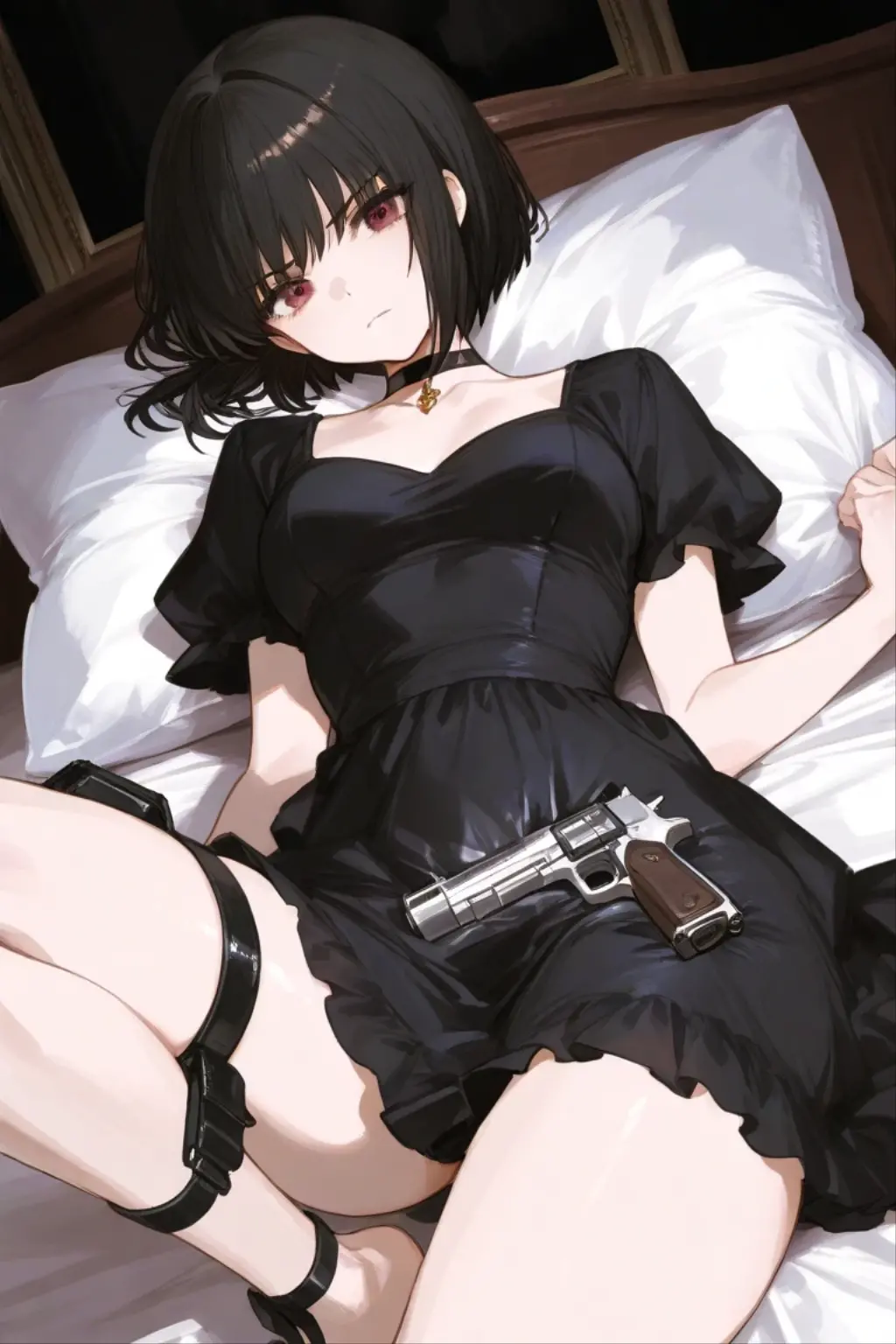 Masterpiece, hyper detailed 8k, perfect anatomy, lying, 2rich Short black haired girls nude, money and gun on bed, looking at viewer, slender body, blue eyes, flashing Pussy, showing Titties, seductive blush, from below, young and very pretty girl, sheer, gleaming skin, upper tits, on gray colored bed, (accurate depiction of real girls Pussy and breasts), money and gun on bed, full body shot, girls wearing white sneakers and black socks, diamond ring, golden earrings, golden watch, golden necklace, navel piercing on belly button and Christina piercing on her pussy, straight legs, Spreading her pussy, full body shot, black short hair