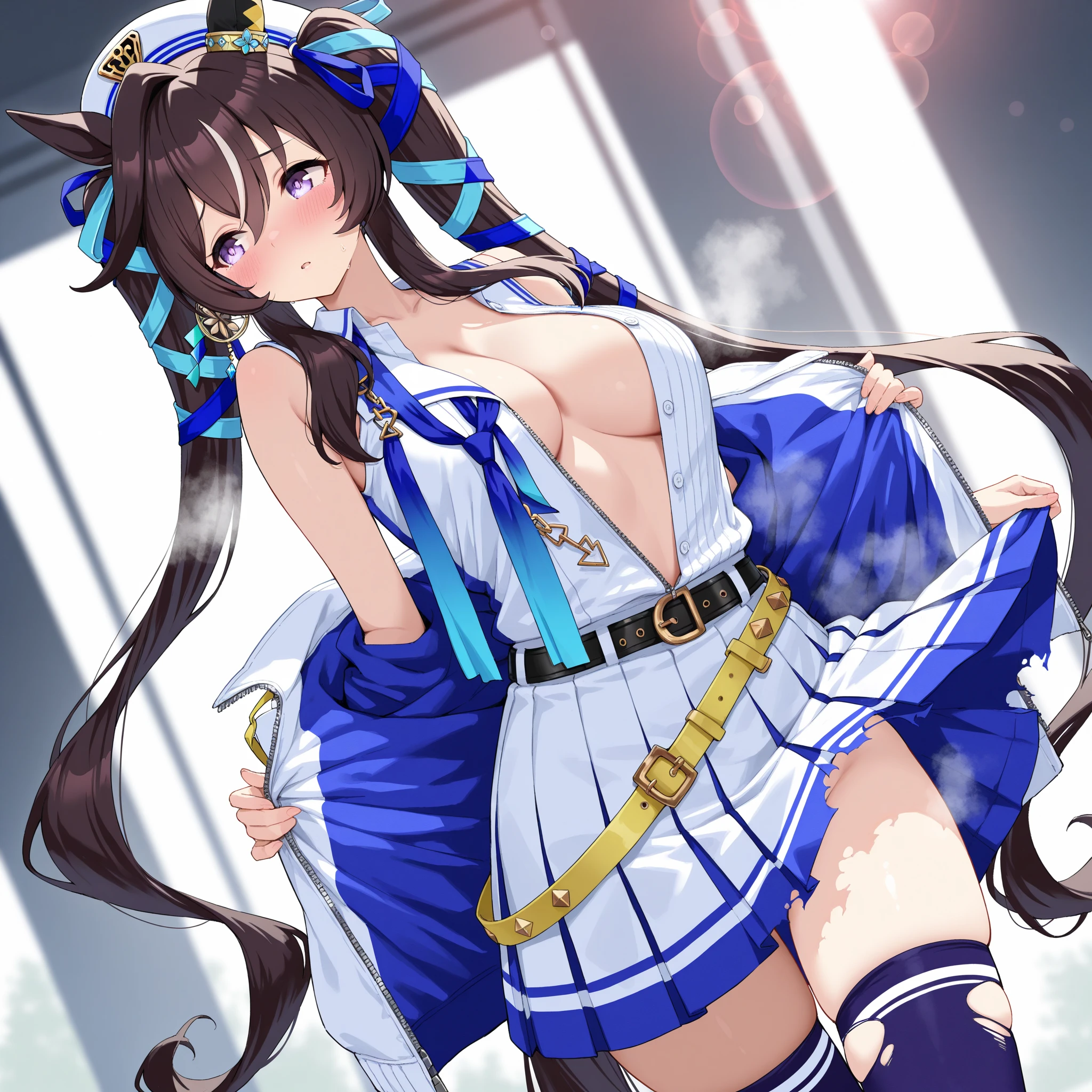 sexy dance show,sexy pose,mejiroryan umamusume,good anatomy, masterpiece, best quality,realistic, hyperrealistic, 16k hdr,Smile,(Live Stage),(see through costume:1.2),Stage costumes,Horse tail,sing a song,ultra miniskirt,navel,micro panties,clearvage,erected nipples,see through nipples,sweat,from below,large breasts,spread legs,