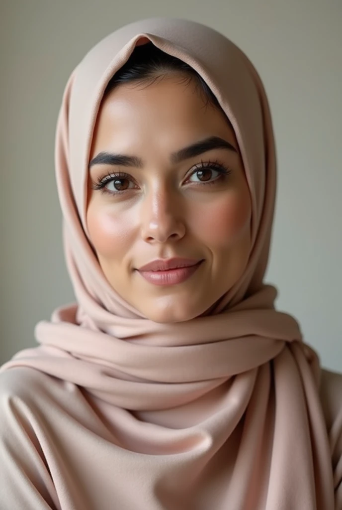 RAW photo of a 20 year old girl wearing hijab, satin abaya, satin, hijab face portrait, neutral background, 8k uhd, dslr, soft lighting, high quality, film grain, Fujifilm XT3, covered dress, decent dress, perfect tits:1.5