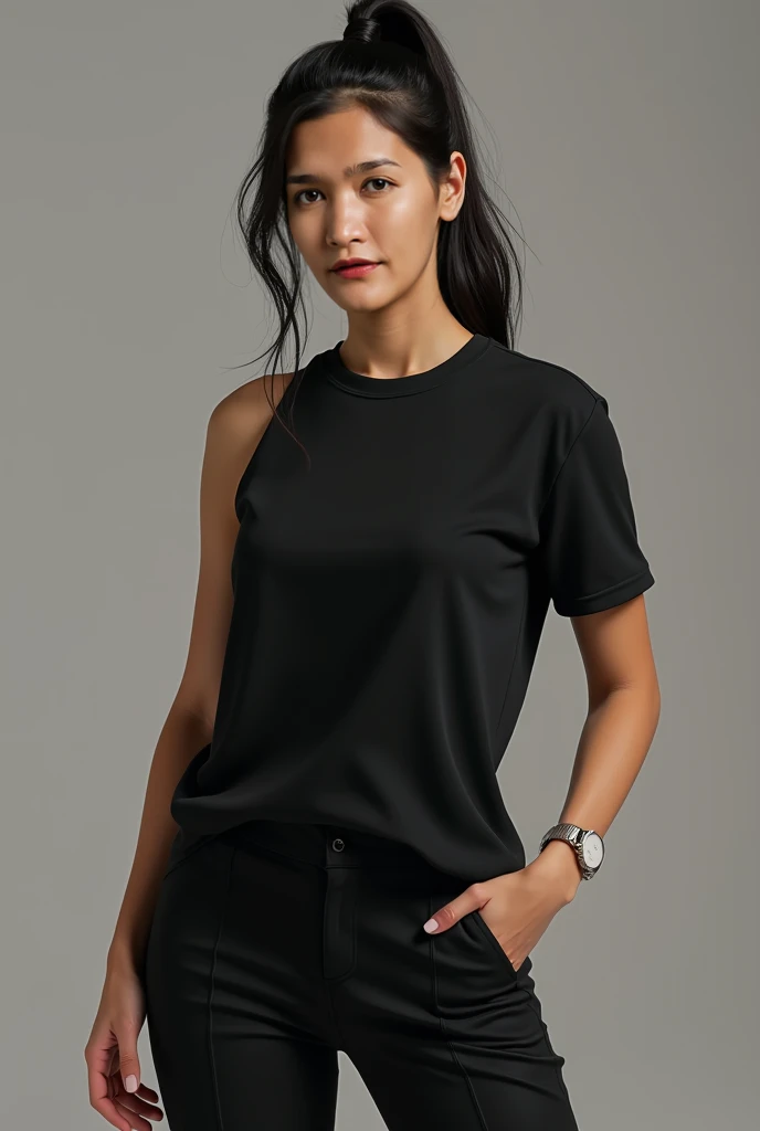 a close up of a woman wearing a black corte superior, com camiseta rasgada, corte superior, corte superior, inspirado em Wang E, wearing corte superior, cinza escuro, que, vestindo um top cortados, usando um top cropped sexy, imagem oficial do produto, camisa cinza, vestindo um top cortado, cintura fina, Inspirado por Wang Yi, nanquan