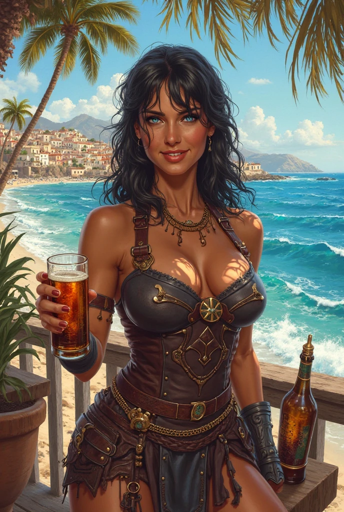 (flirty),((hyper-realistic illustration:1.4)), (dark fantasy), On bridge of ship. Sexy pirate lady, brunette, bandanna, earrings, leather bikini, bare feet, holding bottle of rum.((smile:1.2)). Masterpiece, best quality(highly detailed:1.2),(detailed face and eyes:1.2), depth of field, 8k wallpaper, natural lighting, core shadows, high contrast, bokeh.