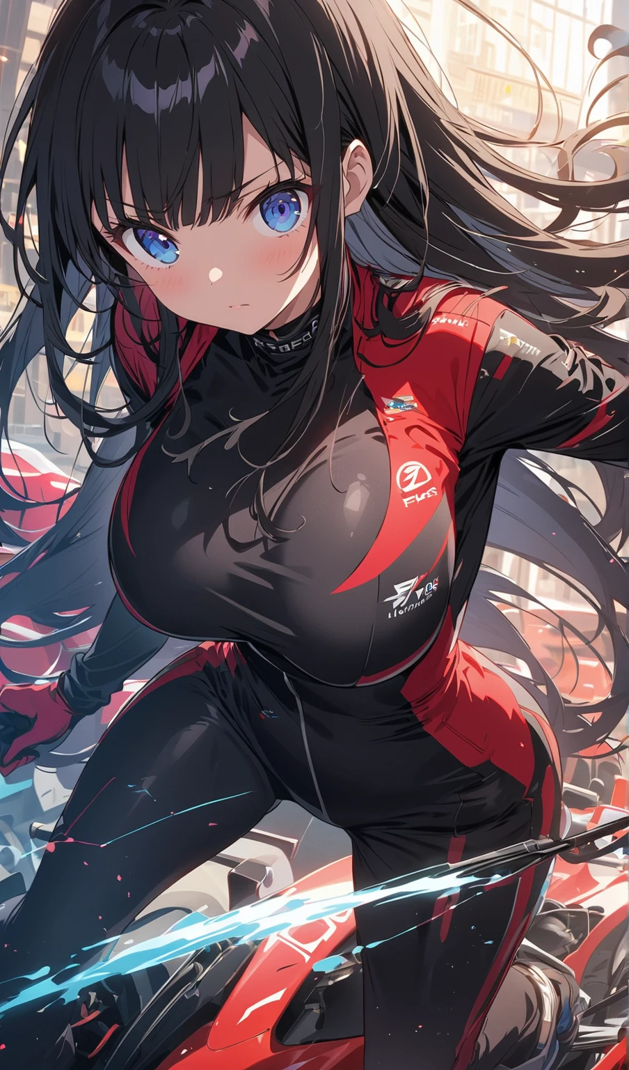 (masterpiece:1.2, best quality), (finely detailed beautiful eyes: 1.2), a girl with a brown ponytail, green eyes, big breasts, only 1 girl, age 20, black red dva jumpsuit