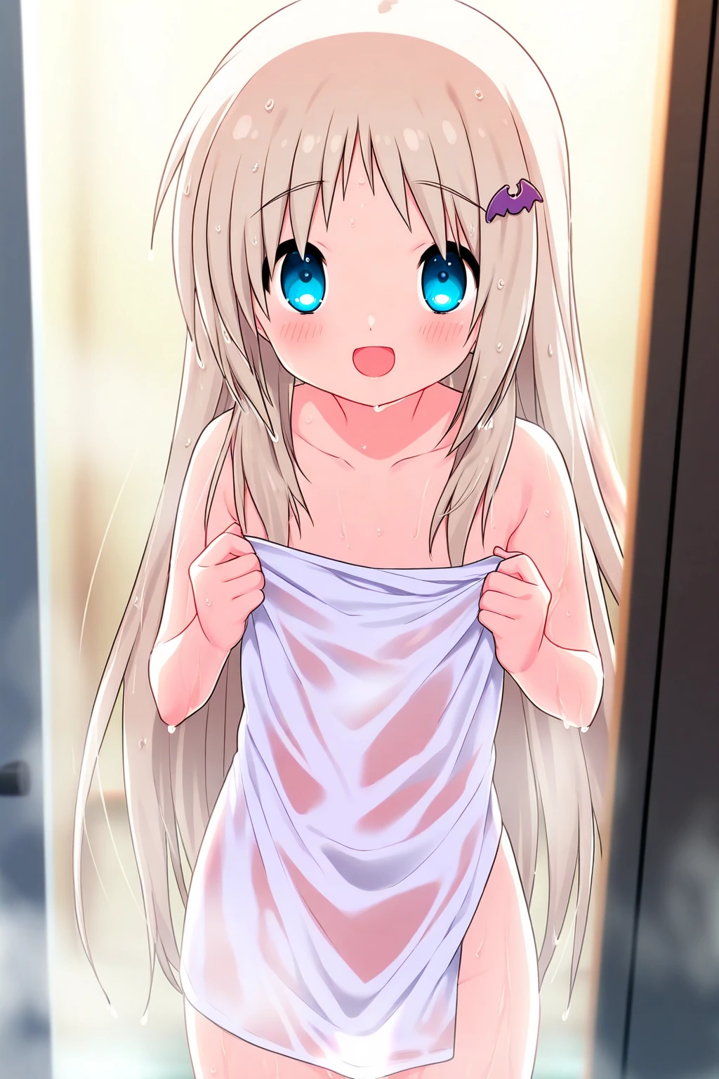 absurdres, (masterpiece, best quality), (ultra-detailed), extremely detailed,super high resolution, (Top Quality photorealistic Illustration), (Super Definition), (best quality,masterpiece:1.0),(cute illustration:1.3), (high Saturation:1.2), highres, ultra-detailed, 32k,8k resolution, intricate details, cinematic scene, detailed background, detailed background, super high precision, hiquality, top-quality, dynamic angle, close to viewer,breast focus,looking at viewer,bathroom, upper body BREAK the beauty of one beautiful girl, shiina mahir, aamahiru, (round face:1.6), (baby face:1.6), (kawaii:1.6), (cute:1.6), (loli:1.6), (slim body:1.6), (narrow waist, narrow thighs:1.6), (narrow stomach:1.6),Brown-eyed, high resolution eyes, beautiful eyes, light in the eyes, blonde long hair, fine-grained skin, red cheeks, BREAK (show off nipples:1.8), (completely nude:1.8),beautiful small breasts, (small nipples:1.6), (small areolas:1.6), ((sweaty)), ((dewy)),(Reaching Out:1.4),(smile:1.6),