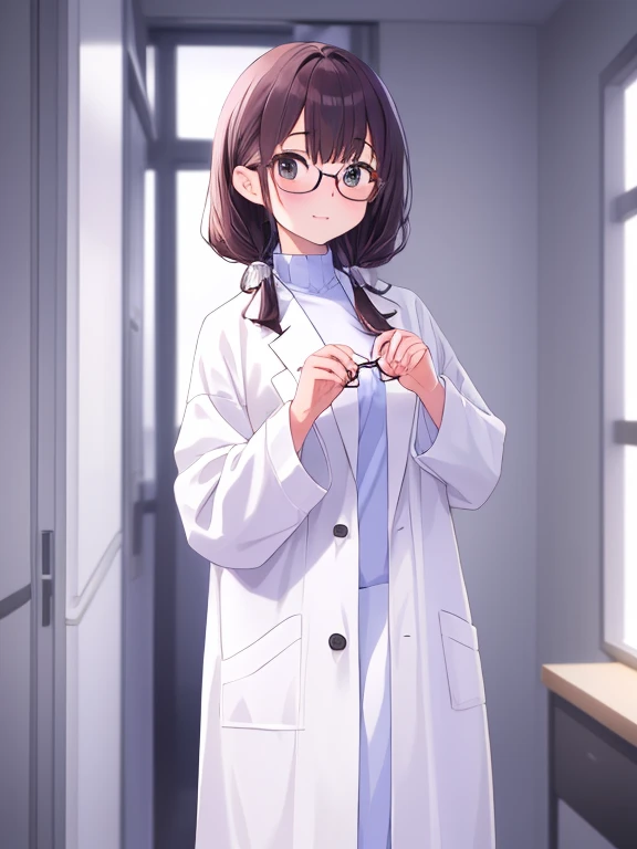 (((pixel-perfect, detail-perfect))), solo, 1girl, rika shiguma, , ascot, glasses, labcoat, looking at viewer, smile,see breast,obscene,Beautiful long legs,Get naked,Big breasts,have sex,nude body
