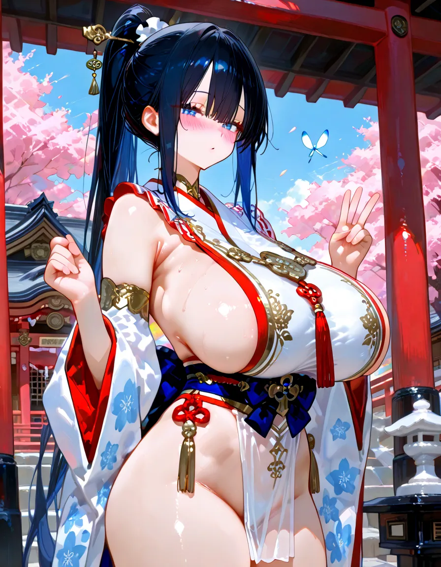 (cinematic light, highest quality, 8k, masterpiece: 1.3), (World Wonderful, japanese goddess, beautiful japanese girl, korean goddess), (whole body), one girl, (necklace, bracelet, anklet, leg ring), (Huge胸, cleavage, exposed chest, Sexy cleavage, highly detailed chest), (Huge), À la Fed Woman in kimono, kimono, Classic kimono, kimono, Japan kimono, 長くて美しい流れるkimono, 複雑な芸者のkimono, 赤または紫の花模様のkimono, Japanese style, kimonoを着ている, Inspired by Kano Hogai,  ((sit with legs apart))
