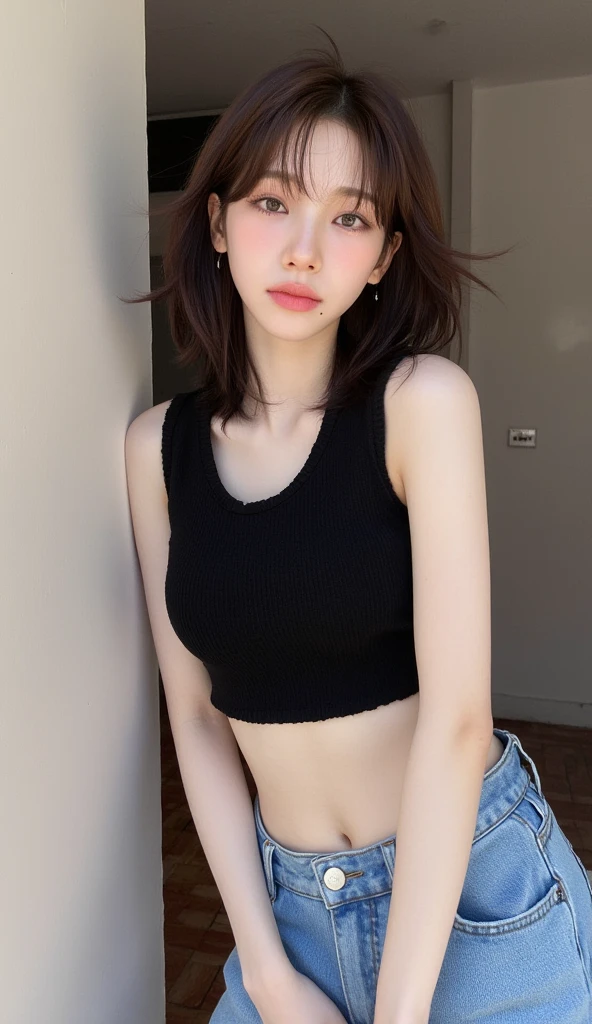 one person、whole body photos、Navy blue polo shirt、Cleavage、Green mini skirt、fun、14 years old、whole body、slender、woman、White drool coming out of the mouth、Short hair, fair skin,Short Bob Hair、Super cute、Soft and Face、Brown Hair、8k resolution、Surreal、Ultra high definition、 Soft Body、A-cup small breasts((Highest resolution、8k、masterpiece:1.3))、Ultra-fine face、Ultra Fine Lips、Beautiful Eyes、double eyelid,Slender figure、I can see your thighs、Shapely small breasts、Pink wall